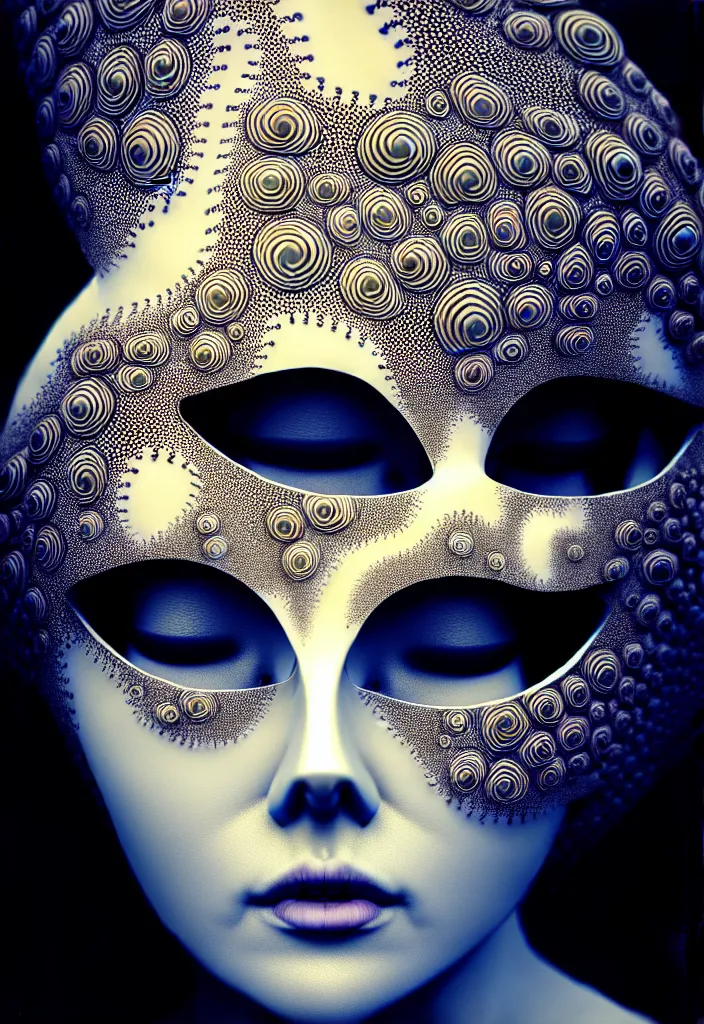 Image similar to one young beautiful woman with eyes closed, with a mandelbulb mask. fractal, speed painting, scribble art, octane render, portrait. behance, artstation, black and white. intricate detail, beautiful, moody, cinematic. futurism, Unreal Engine, photorealistic.