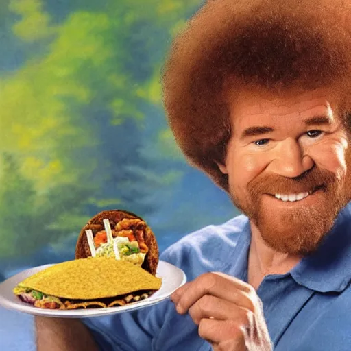 Image similar to bob ross eating a taco, portrait,