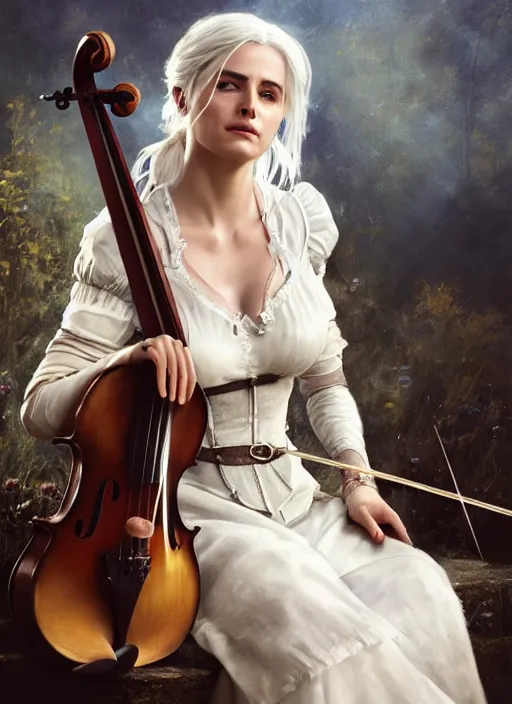 Image similar to portrait of ciri from the witcher in a white dress playing the violin. by Daniel F. Gerhartz, hyperrealistic oil painting, 4k, very detailed faces, studio lightning