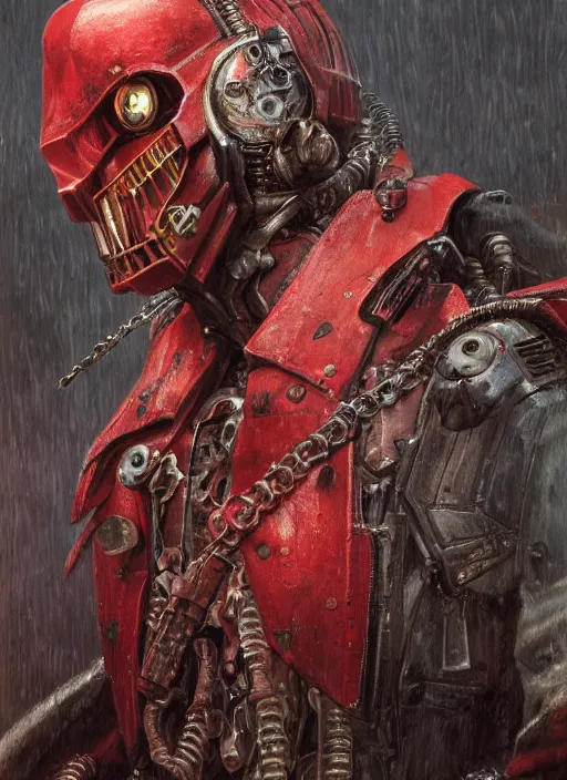 Image similar to portrait of rotten Nicolas Cage as adeptus mechanicus in red hood and robe from Warhammer 40000. Highly detailed, artstation, illustration by and John Blanche and zdislav beksinski and wayne barlowe