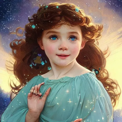 Prompt: a cute little girl with a round cherubic face, blue eyes, and short wavy light brown hair smiles as she floats in space with stars all around her. She is wearing a turquoise dress. Beautiful painting by Artgerm and Greg Rutkowski and Alphonse Mucha