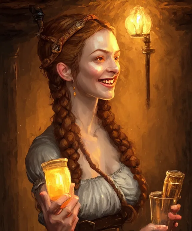 Prompt: character portrait of a beautiful smiling charismatic barmaid, dimly lit cozy tavern, relaxed pose, medieval d&d mood, intricate, wild, highly detailed, digital painting, artstation, concept art, smooth, sharp focus, illustration, art by Tim Okamura, perfect facial symmetry, vibrant deep colors, intricate, epic composition, grim yet sparkling atmosphere, cinematic lighting + masterpiece, trending on artstation