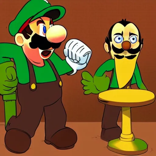 Image similar to “ mario and luigi in a drab cafe in style of godfather ”