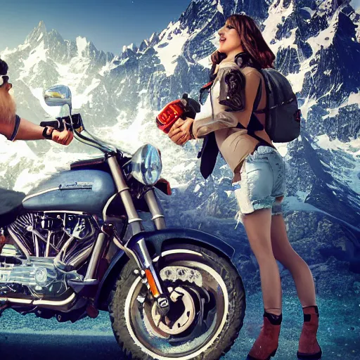 Prompt: of a man and a woman on a romantic escape in the Mont blanc mountain, driving a harley Davidson retro motorbike, in the style of Gehry, macro lens, shallow depth of field, highly detailed, digital painting, trending artstation, concept art, illustration, cinematic lighting, vibrant colors, photorealism, epic, octane render