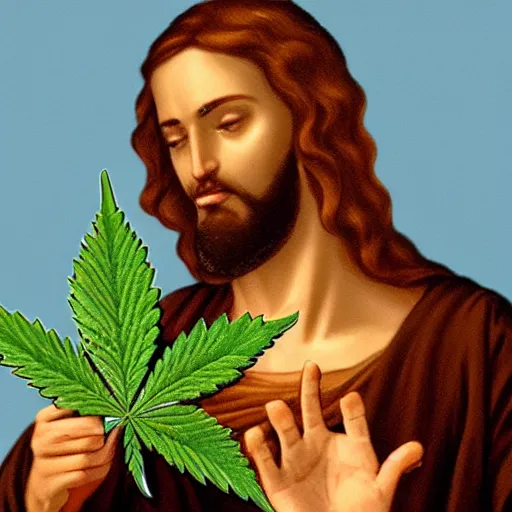 Prompt: Jesus holding a cannabis leaf