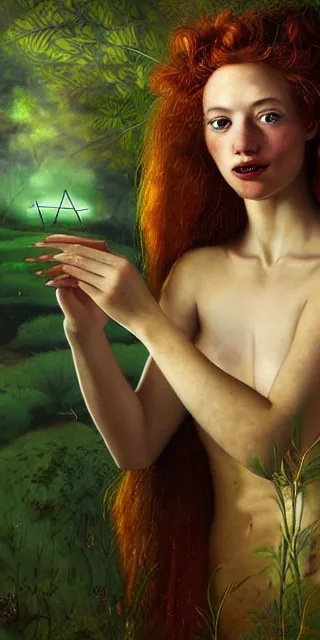 Image similar to infp young woman, smiling amazed, golden fireflies lights, amidst of nature fully dressed, long red hair, intricate linework, accurate green eyes, small nose with freckles, oval shape face, realistic, expressive emotions, dramatic lights mystical scene, hyper realistic ultrafine art by artemisia gentileschi, caravaggio, jessica rossier, boris vallejo