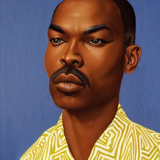 Image similar to a painting of a elegant, well fed, smooth-chinned, long nose, African, elder with few eyebrows by Kehinde Wiley . thinker without facial hair, thoughtful, focused, visionary, calm, jovial, loving, fatherly, generous, . dramatic angle, ethereal lights, details, smooth, sharp focus, illustration, realistic, cinematic, artstation, award winning, rgb , unreal engine, octane render, cinematic light, macro, depth of field, blur, red light and clouds from the back, highly detailed epic cinematic concept art CG render made in Maya, Blender and Photoshop, octane render, excellent composition, dynamic dramatic cinematic lighting, aesthetic, very inspirational, arthouse.