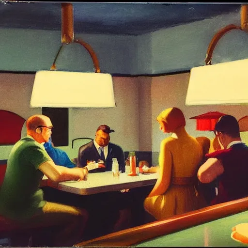 Image similar to a polaroid photo of people at a diner, Edward Hopper composition, detailed, hq, lens flare, realistic