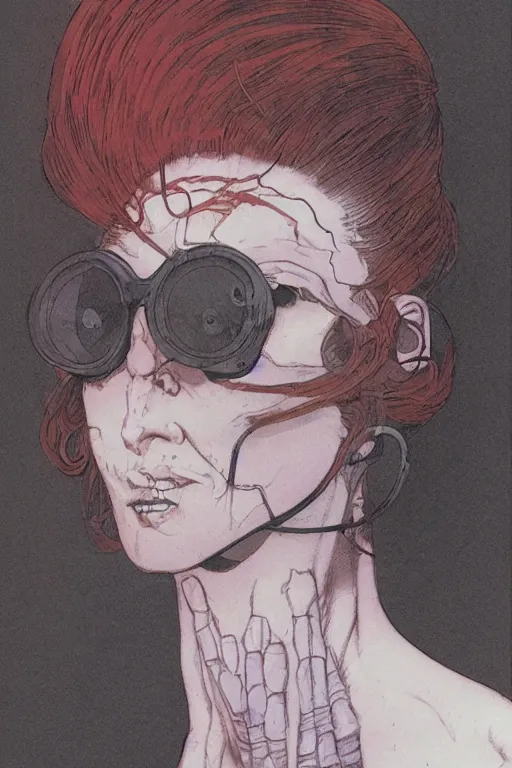 Prompt: zoom out portrait of mad lady scientist, illustration by katsuhiro otomo, brom, jeffrey catherine jones, moebius concept art