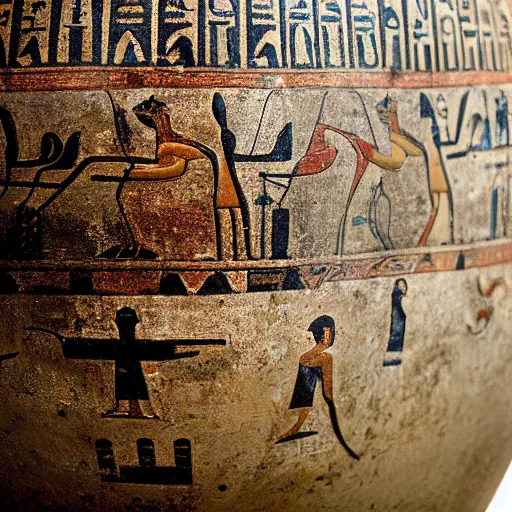 Prompt: egyptian hieroglyphics on an ancient amphora, photorealistic, cannon, nikon, f 1. 8