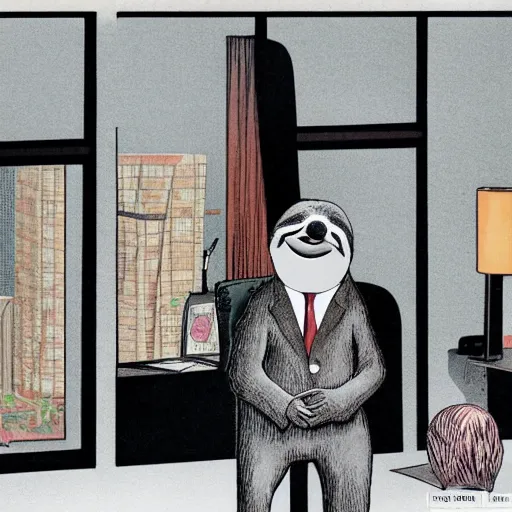 Image similar to a sloth dressed in a suit is standing in an office. by Roger Dean, 4k, graphic novel