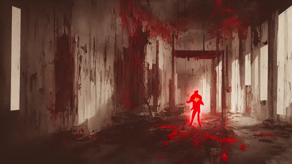 Image similar to photo of the red evil walking inside a scary hunted destroyed house and inverted cross draw on the wall, trending on artstation, wide view, cinematic view, cinematic, 8 k, digital photo, unreal engine, colored paint, colorful paint, scary style, by atey ghailan, 3 d game art