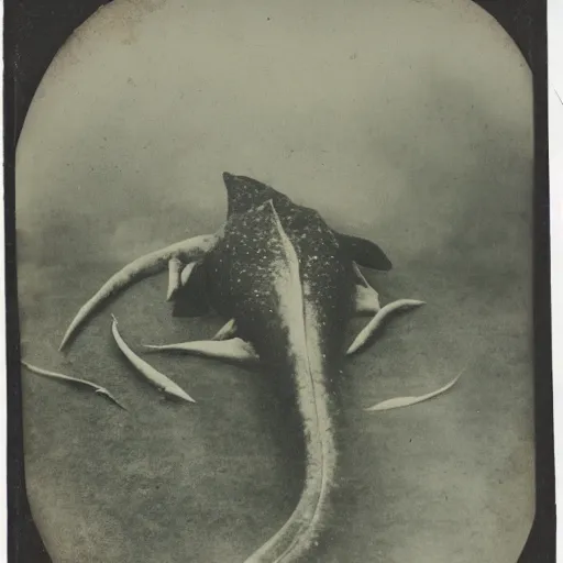 Image similar to tintype photo of underwater giant squid wrapped around a whale