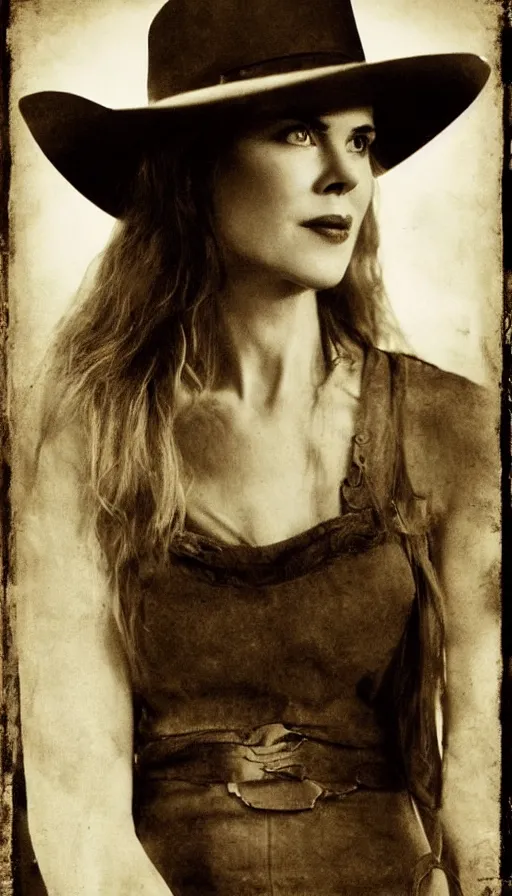 Image similar to Young Nicole Kidman, cowgirl, outlaw, portrait, full body, beautiful face, cute, no long neck, no long anatomy, symmetrical features, silver iodide, 1880 photograph, sepia tone, aged paper, Sergio Leone, Master Prime lenses, cinematic