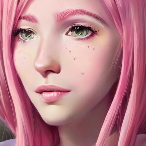 Image similar to belle delphine with pastel pink hair and shiny brown eyes, elegant, ultra highly detailed, digital painting, smooth, sharp focus, artstation, art by Ilya Kuvshinov