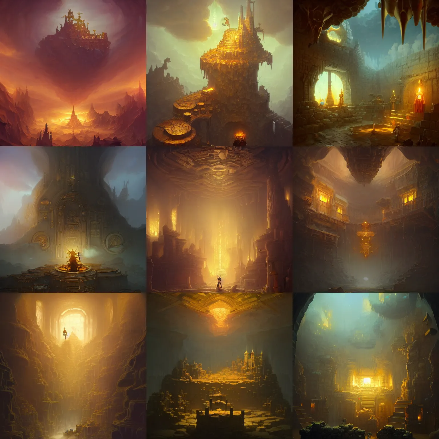 Prompt: dungeon in a golden bank, treasure spilling from the giant walls, clouds on ceiling, by peter mohrbacher dan mumford craig mullins nekro, cgsociety, pixiv, volumetric light, 3 d render