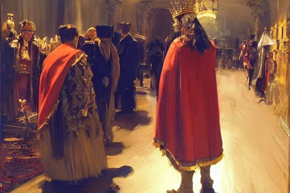 Image similar to oil painting of king, red royal cape, large golden crown, rich jewellery, art by anders zorn, wonderful masterpiece by greg rutkowski, beautiful cinematic light, american romanticism by greg manchess, creation by tyler edlin