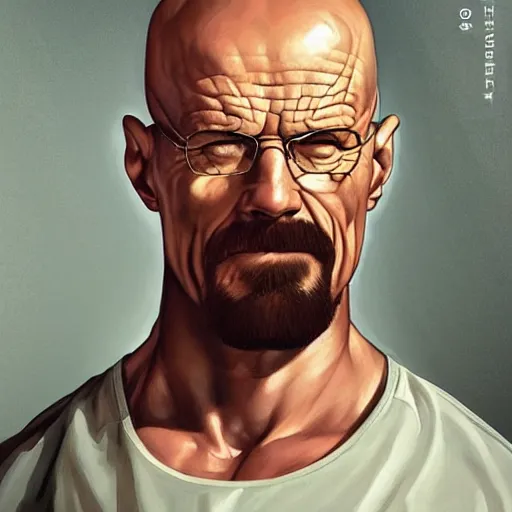 Image similar to the ultimate gigachad, incredibly muscular walter white, walter white with chiseled jawline, trending on /r/moreplatesmoredates, oil on canvas artstation by J. C. Leyendecker and Edmund Blair Leighton and Charlie Bowater octane render