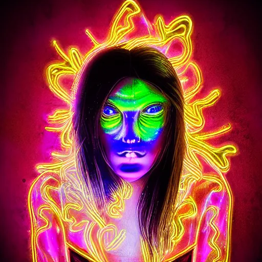 Image similar to incredible digitized fractalizing infinity girl of innocence and macabre intent eyes glowing iridescent volumetric neon