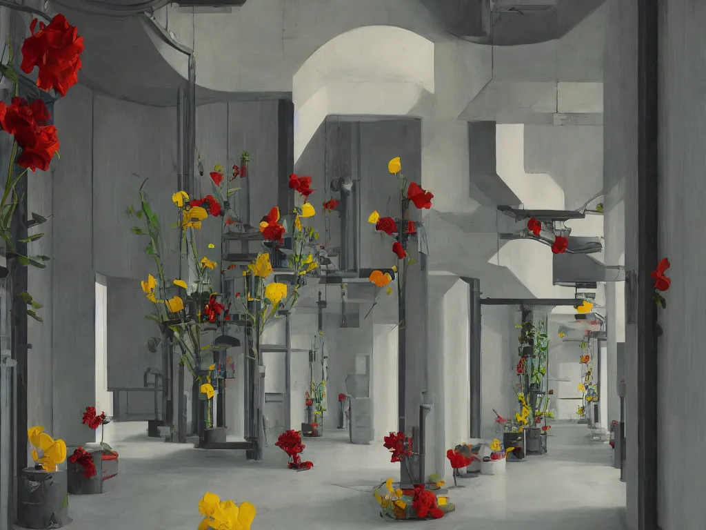 Prompt: colorful minimalist industrial interior hallway with monolithic pillars in the style of ridley scott and stanley kubrick, impossible stijl architecture, bed of flowers on floor, brutalist, ultra wide angle view, realistic detailed painting by edward hopper