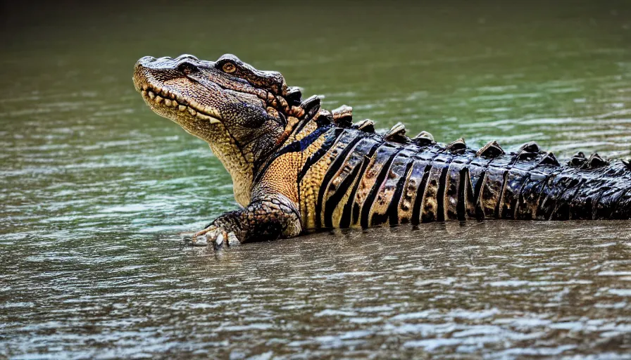 Image similar to an alligator tiger!!! hybrid! hyper realistic!! realistic lighting!! wildlife photographer of the year!!! bold natural colors, national geographic, hd, wide angle, 8 k