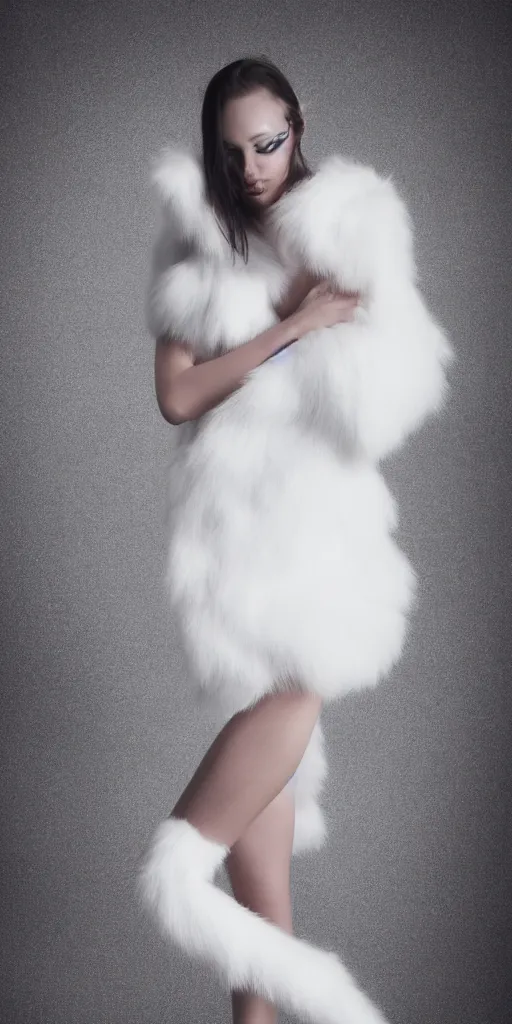 Prompt: full body aesthetic photograph of a beautiful young model in a white fur cocktail dress by Nick Knight, realistic, photorealistic, HD, 4k resolution