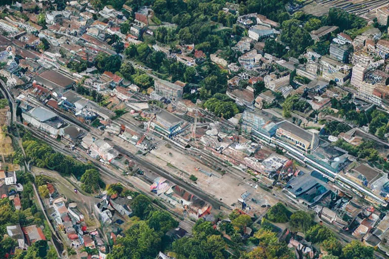 Image similar to bird's eye view photography of a small city. town hall, central farm, monorail station, beach and shipping dock. hills, woods and lake to the north.