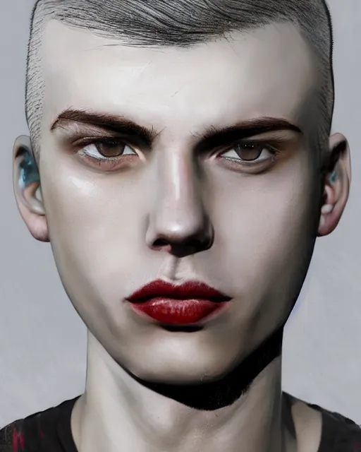 Image similar to young man with a short red mohawk, slim face, piercings, dressed in crustpunk clothing, headshot, attractive, handsome, model, trending on artstation, high quality art, character design, realism art, award winning art, clean face, by mandy jurgens, in color, digital painting, realistic shading, no makeup, no tattoos, no facial hair