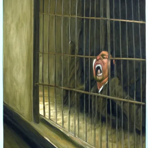 Image similar to a screaming prisoner holding prison bars, realism old painting