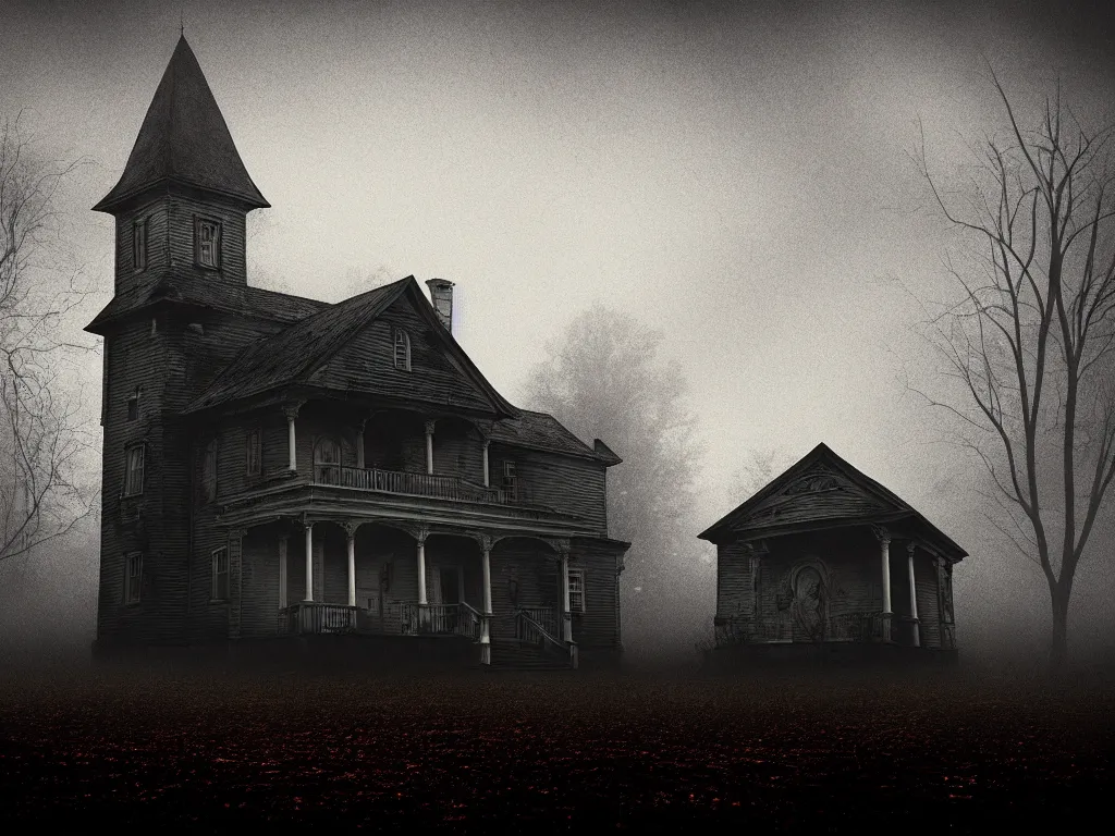 Image similar to a creepy house in the middle of a foggy night, poster art by john carpenter, shutterstock contest winner, gothic art, movie poster, horror film, gothic