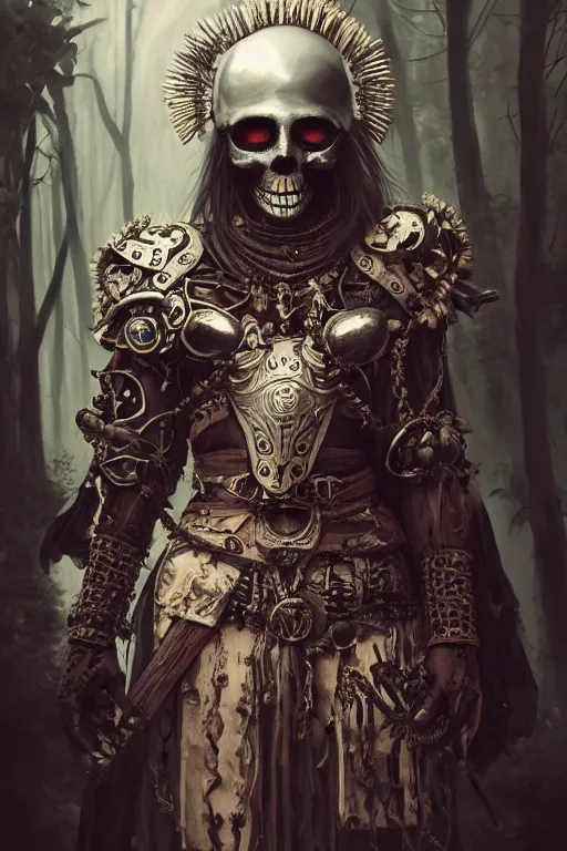 Image similar to A masterpiece ultrarealistic portrait of a Irresistible technopriest tribal-shaman-knight-witch-ghost with Skull Iron mask. baroque renaissance girl in the night forest. medium shot, intricate, elegant, highly detailed. trending on artstation, digital art, by Stanley Artgerm Lau, WLOP, Rossdraws, James Jean, Andrei Riabovitchev, Marc Simonetti, Yoshitaka Amano. background by James Jean and Gustav Klimt, light by Julie Bell, 4k, porcelain skin.