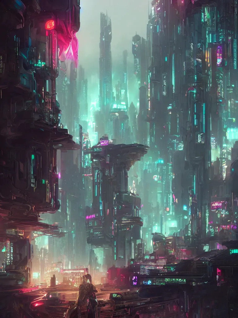 Sci-fi Fantasy City, Cyberpunk Buildings Illustration. Neon Colors
