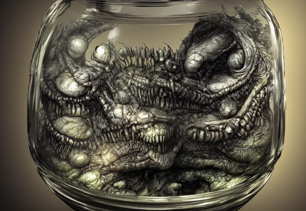 Image similar to Photorealistic miniature monster inside a jar on clean background by H.R. Giger, KDA and Sam Yang, trending on artstation