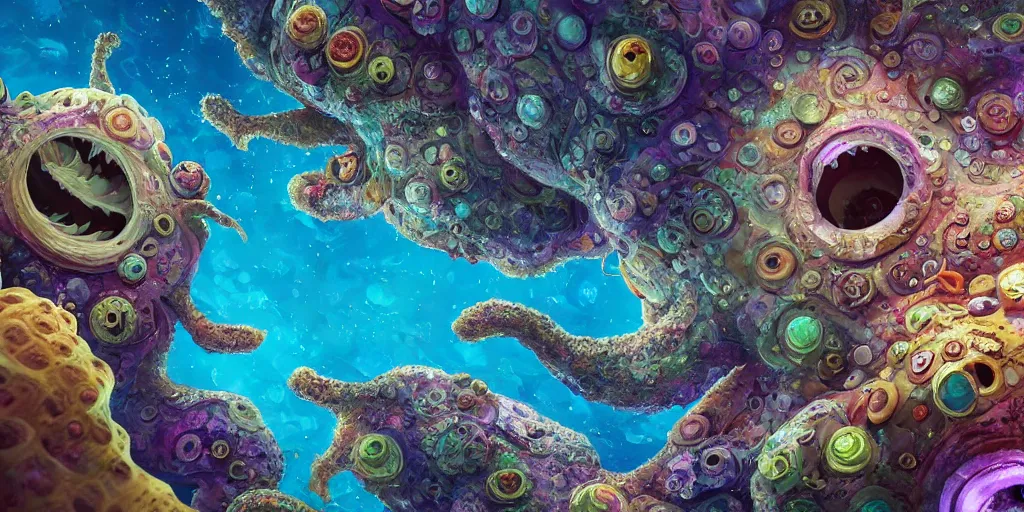 Image similar to of an intricate sea reef with strange cute friendly happy creatures with huge eyes, mouth, long tongue, round teeth and goofy face, appearing from the background, in the style of gehry and gaudi, macro lens, shallow depth of field, ultra detailed, digital painting, trending artstation, concept art, illustration, cinematic lighting, photorealism, epic, octane render