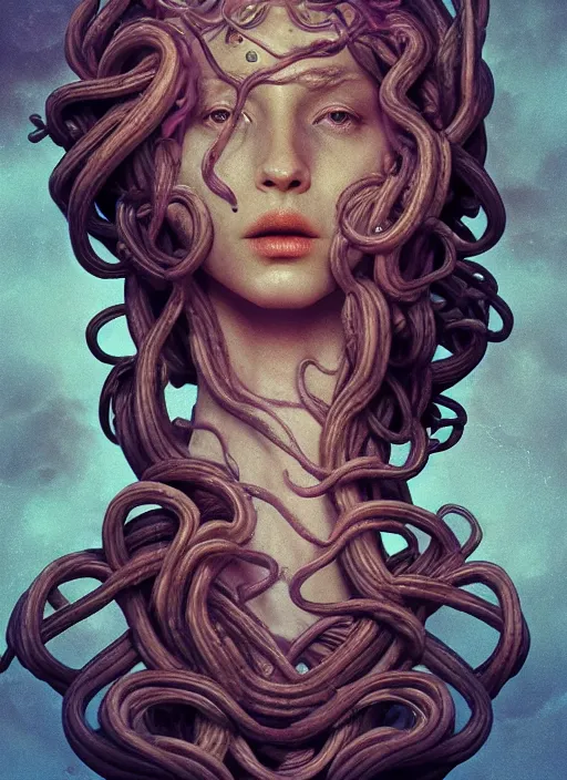 Image similar to medusa made of soft white wax, wooden art nouveau swirls, strong subsurface scattering, cables, tubes, subsurface scattering, in the style of ruan jia and beeple and giger, subsurface scattering, mystical colors, back light, rim light, dramatic lighting, 8 k, stunning scene, raytracing, octane render, trending on artstation