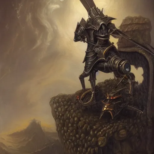 Prompt: arrogant knight reaches casually into the abyss, only to be met with unimaginable horrors from beyond, dark fantasy, oil painting, high detail