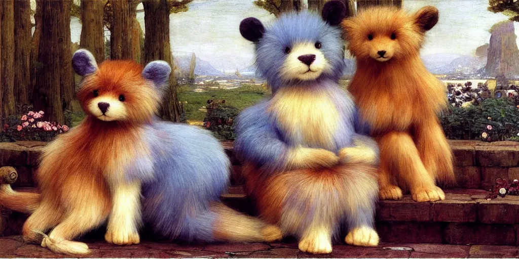 Prompt: 3 d precious moments plush animal, realistic fur, landscape, < muted blue, peach, gray, brown, purple color scheme >, master painter and art style of john william waterhouse and caspar david friedrich and philipp otto runge