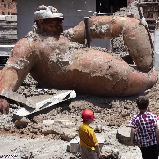 Image similar to a Bobs Big Boy mascot statue being excavated from the ruins of Pompeii, ultra detailed, 8k resolution, ultrarealistic
