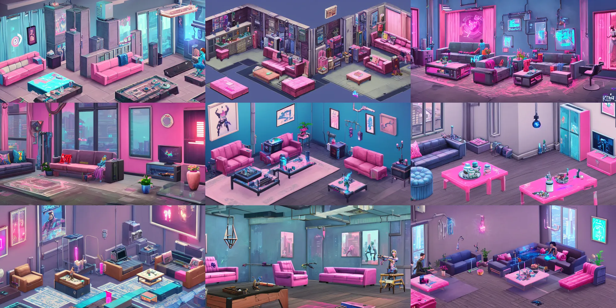Prompt: game asset of the sims cyberpunk hongkong living room furniture and decor, in gouache detailed paintings, props, stylized, 2 d sprites, kitbash, arcane, overwatch, blue and pink color scheme, 8 k, close up