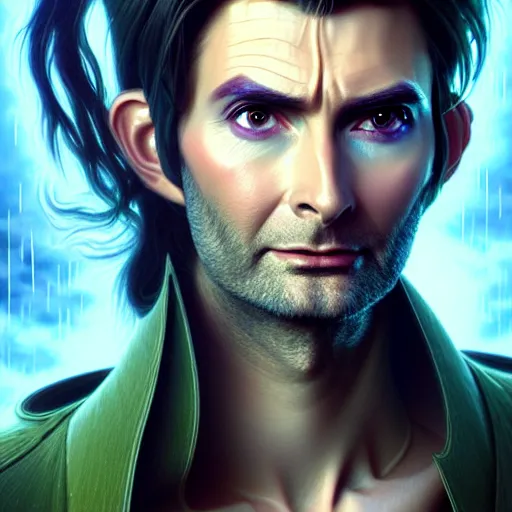 Image similar to portrait painting of a cyberpunk elven beautiful david tennant, ultra realistic, concept art, intricate details, eerie, highly detailed, photorealistic, octane render, 8 k, unreal engine. art by artgerm and greg rutkowski and charlie bowater and magali villeneuve and alphonse mucha