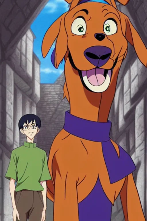 Prompt: scooby doo in anime art full body portrait character concept art, anime key visual of brown dog with blue collar, finely detailed, in a dark haunted mansion, trending on pixiv fanbox, studio ghibli, extremely high quality artwork