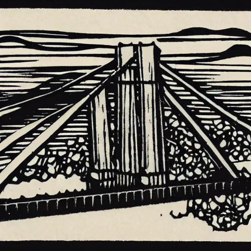 Prompt: small iron suspension bridge built in 1 9 2 8, side view, puffy clouds in background, woodcut style, rubber stamp, 8 k
