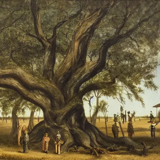 Image similar to huge tree with a lot of hangmans, southern gothic art, 1 9 th century scene, painted by friedrich caspar david