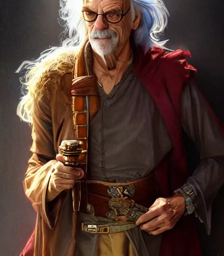 Image similar to Christopher Lloyd as bard, full body, dungeons and dragons portrait, highly detailed, digital painting, artstation, concept art, sharp focus, illustration, art by artgerm and greg rutkowski and alphonse mucha