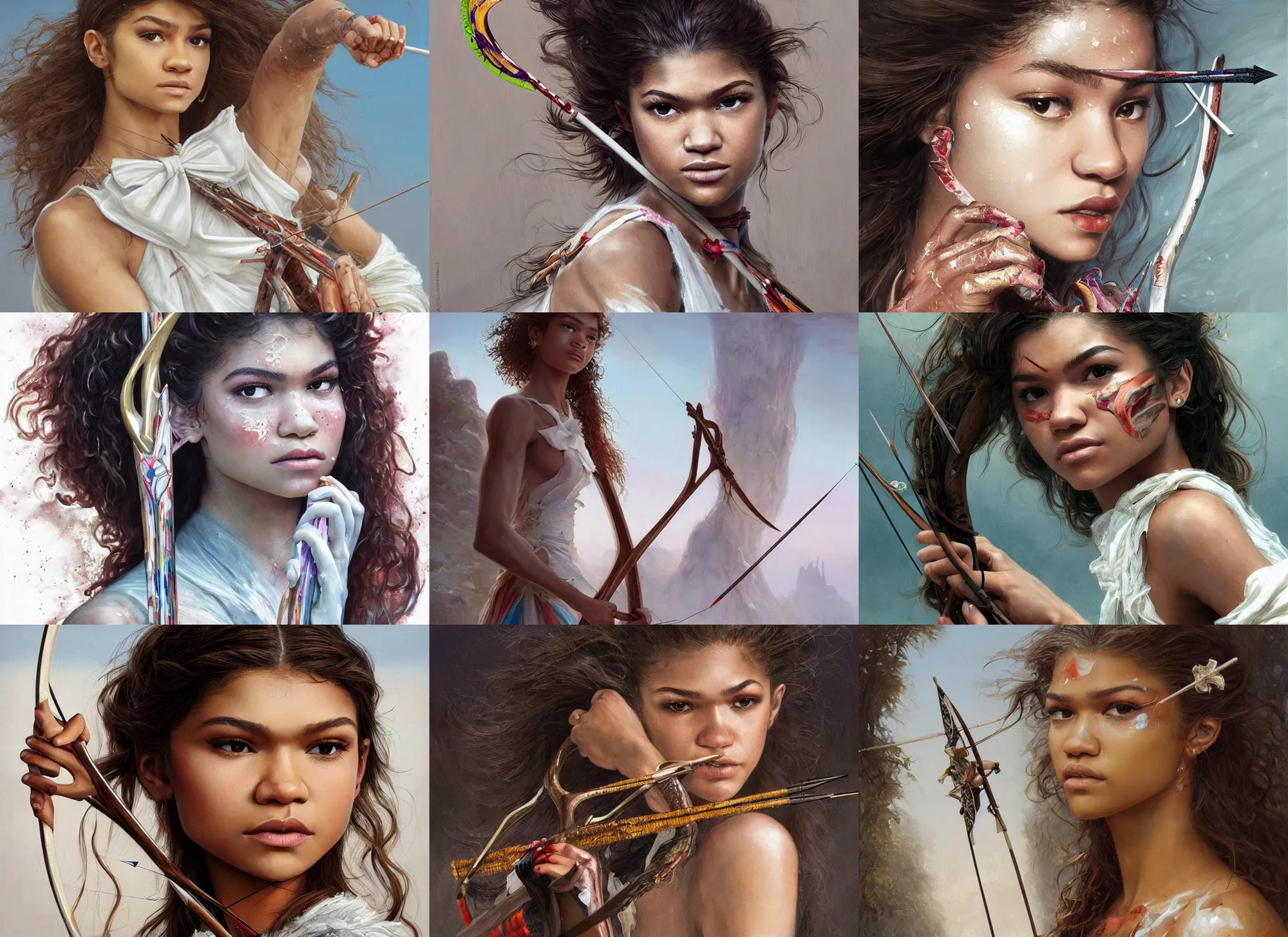 Prompt: artstation concept of beautifu Zendaya holding a bow and arrow, sweaty skin, symmetrical face, high face detail, ripped up white garment, white desert background, shiny colorful, hyperdetailed, artstation trending, world renowned artists, worth1000.com, cgsociety, by greg rutkowski, by Gustave Doré, by Marco Turini, by Artgerm, Deviantart