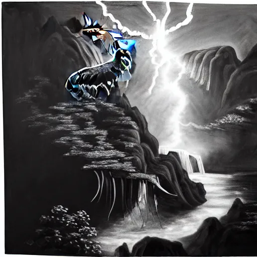 Image similar to oil painting of a dragon flying in the air near a cave with a waterfall in the center, light emanating from the waterfall leading to a big pool of water, dragon has black and white siberian tiger stripes, elegant, sharp focus, wide shot, clear, detailed, early renaissance