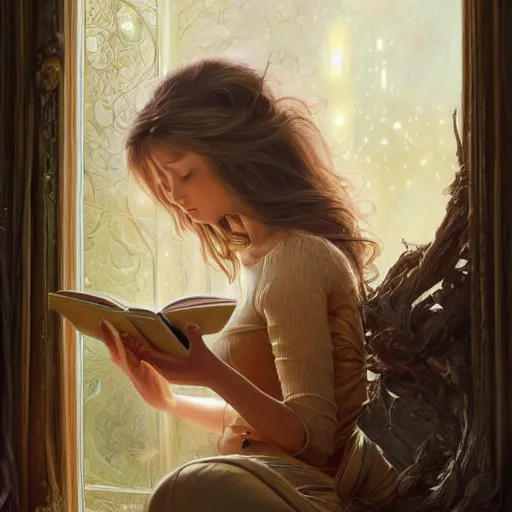 Prompt: a beatiful girl reading book, hair flowing down, detailed, centered, digital painting, artstation, concept art, donato giancola, Joseph Christian Leyendecker, WLOP, Boris Vallejo, Breathtaking, 8k resolution, extremely detailed, beautiful, establishing shot, artistic, hyperrealistic, beautiful face, octane render, cinematic lighting, dramatic lighting, masterpiece