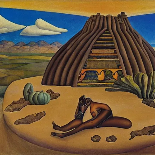 Prompt: a dark-skinned beautiful woman under the desert sky, earthship, diego Rivera painting