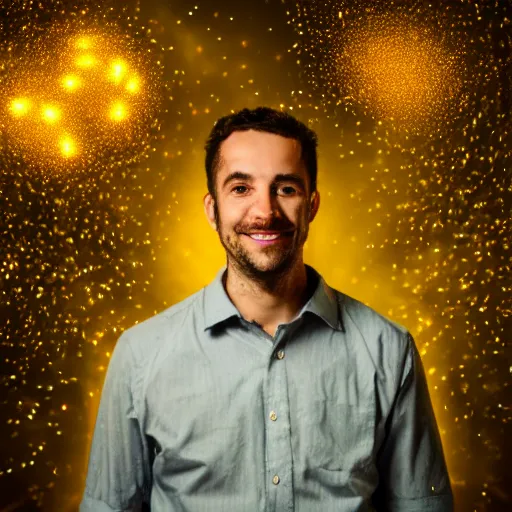 Prompt: man portrait surrounded by fireflies, 8 k photography