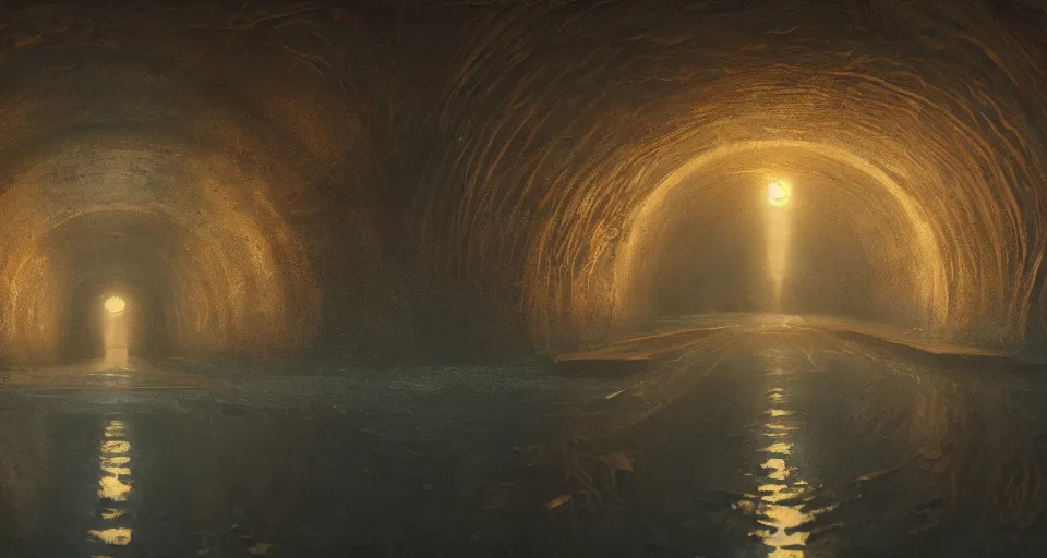 Image similar to a beautiful landscape painting, a single lane tunnel with overhead lights, a water monster stands in the shadows, by sam guay, moody lighting, hyperrealism, 4 k, octane render